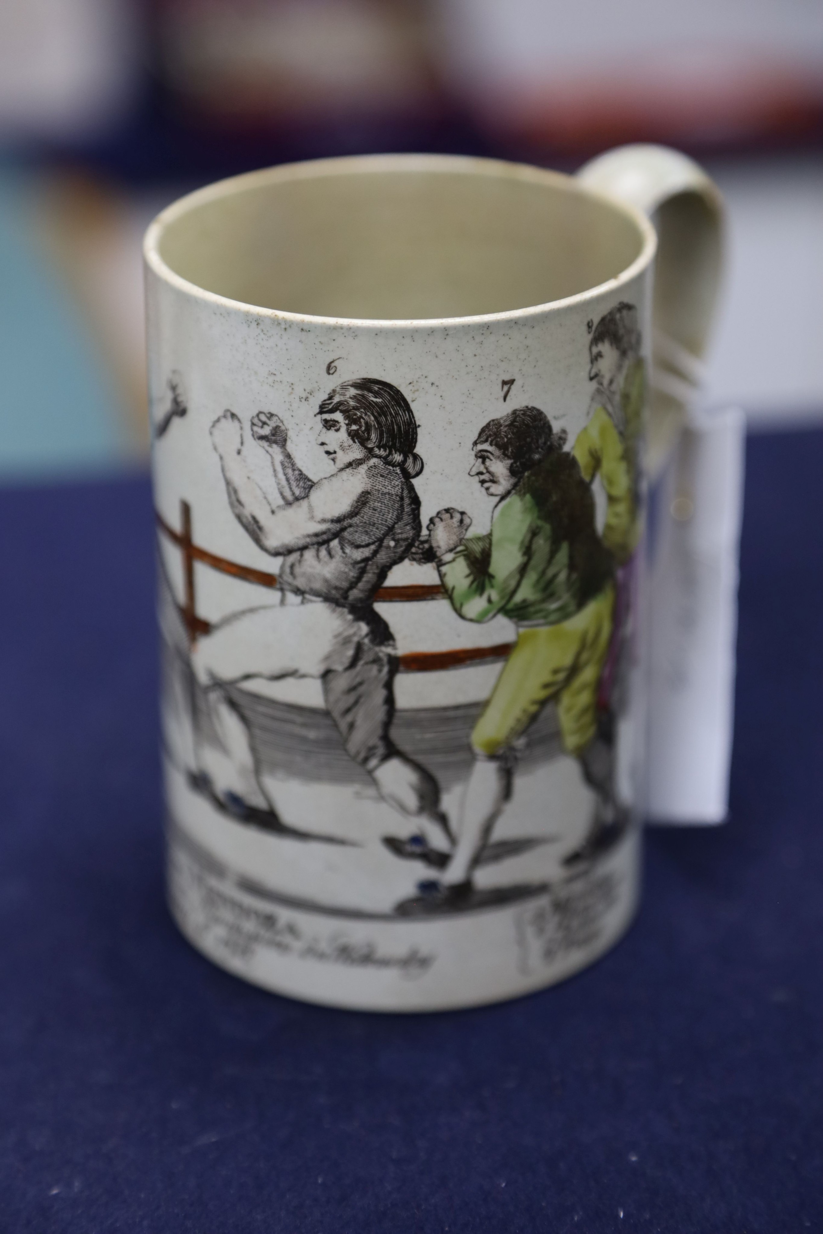 Boxing History- A late 18th century pearlware mug, depicting Humphreys v Mendoza, height 12cm